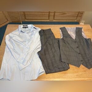 Boys Size 12 Light Blue Button Down, Gray Plaid Vest & Pant Set